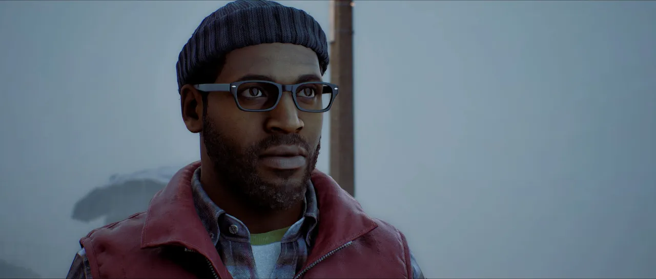 Close-up of a man in a knit hat, glasses and a red vest against pale fog.