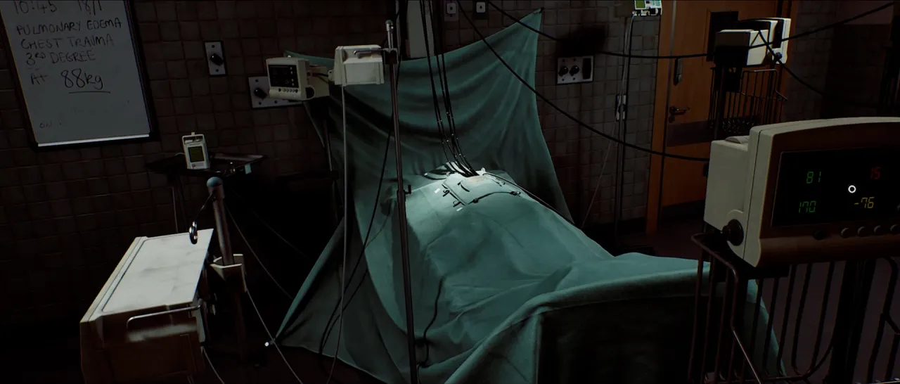 A hospital room with monitors and a bed covered by a green sheet, a whiteboard on the wall.