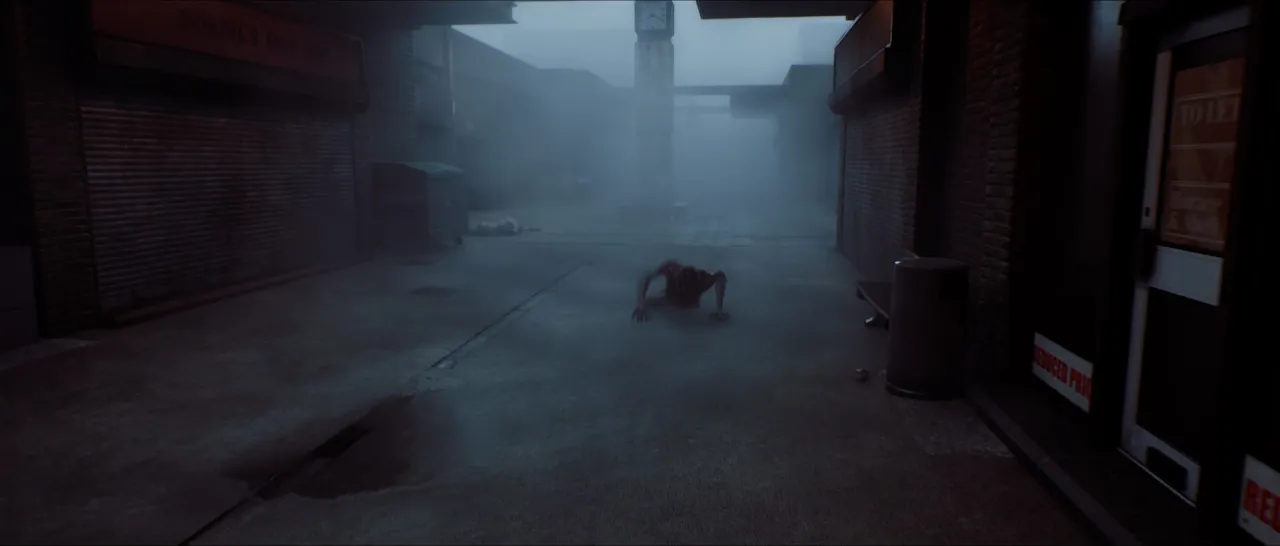 An empty street in fog with a figure crawling on the ground in the distance.
