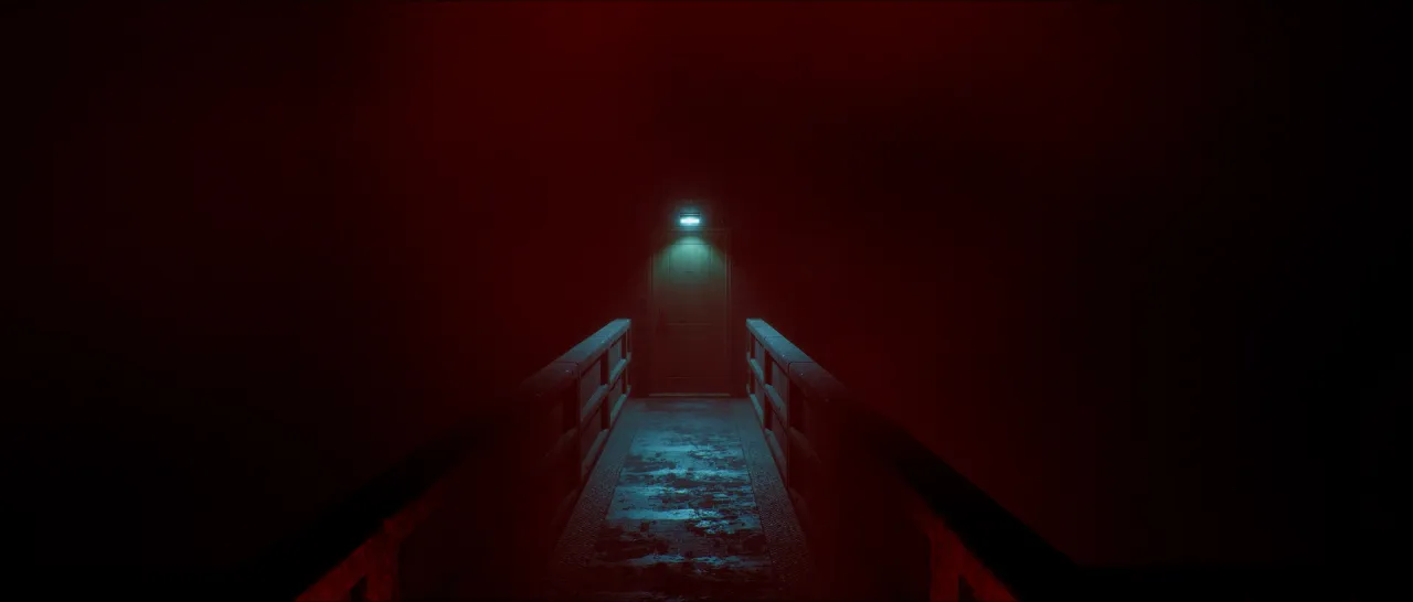 A red-lit walkway leading to a door with a teal light above it.